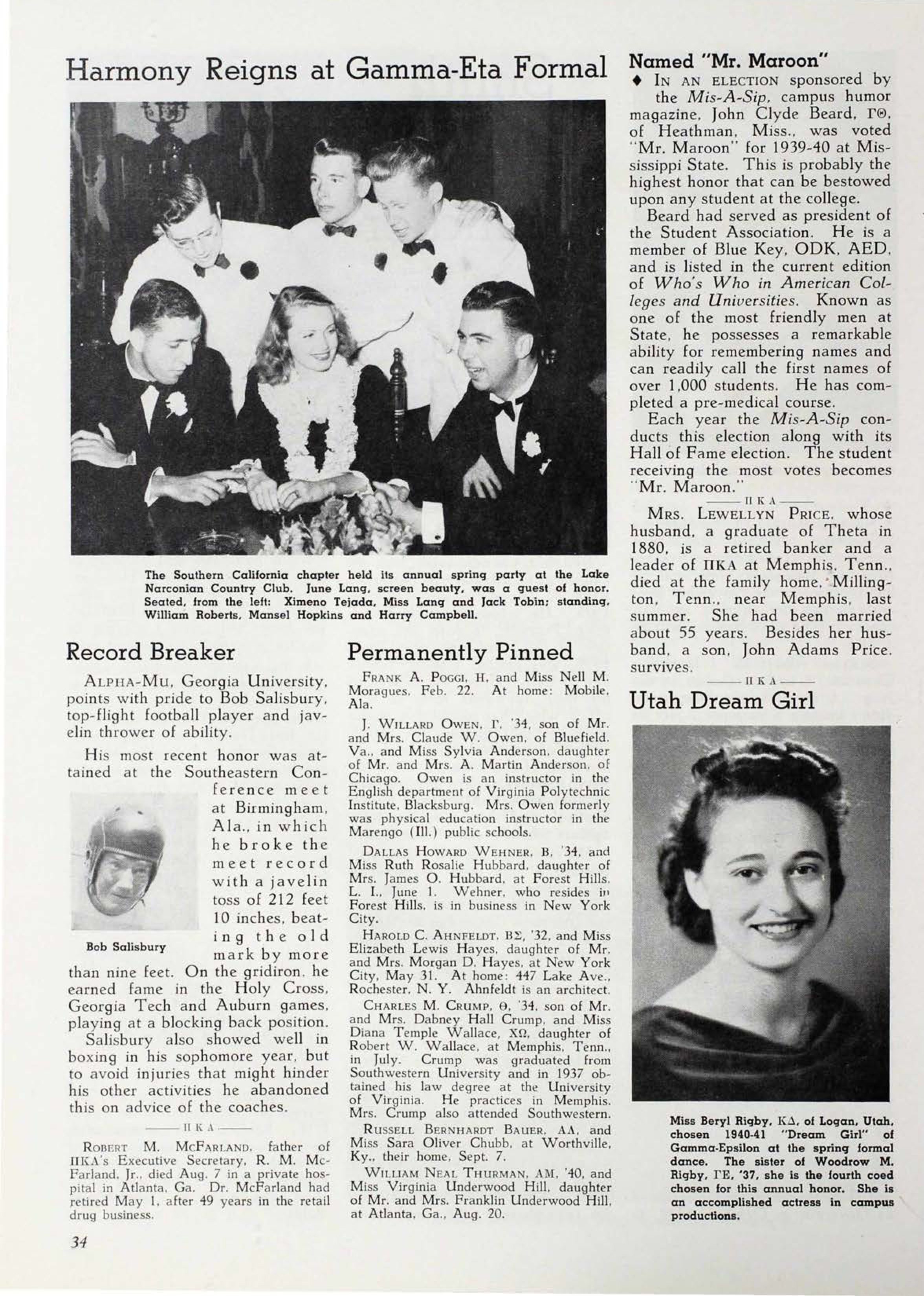 Harmony Reigns At Gamma-Eta Formal Photograph, September 1940